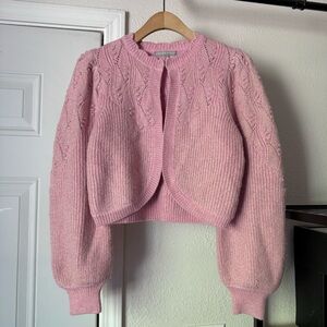 OLIVER BONAS pink metallic gold scallop hook‎ eye buttonless puff sleeve sweater